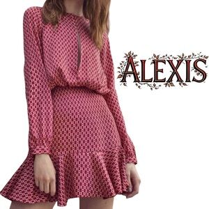 Alexis red and white silk sateen long sleeve mini dress size XS